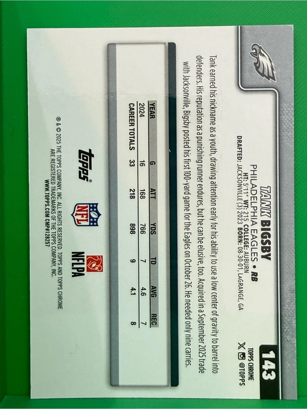 Topps Pink Holo Tank Bigsby Philadelphia Eagles Football Card